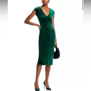 NWT Exclusive Bloomingdale’s Aqua Velvet V-Neck Midi Dress, Hunter Green, XS